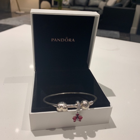 Pandora Jewelry - Pandora Silver Bangle Bracelet w/ Two Charms Pandora Jewelry - Pandora Silver Bangle Bracelet w/ Two Charms